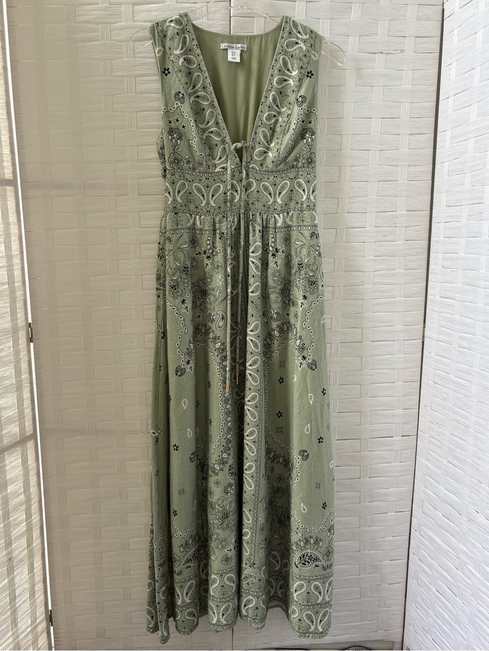 Christian Lacroix Size SP Sage Green Paisley Maxi Dress Pockets Lined Elastic Bk
